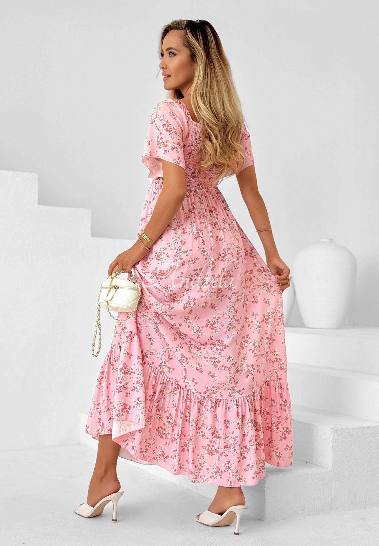 Viskose-Kleid mit Bindeband, Rüsche und Blumenmuster Summer Garden Hellrosa