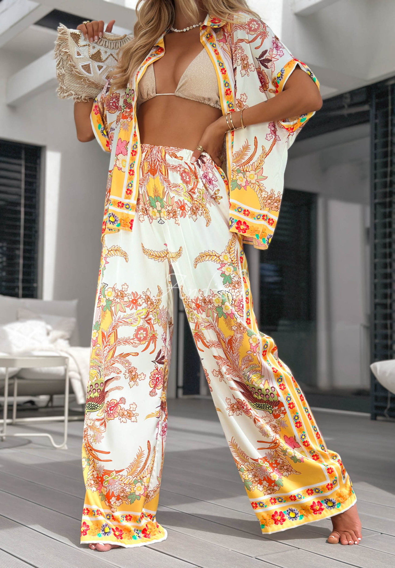 Gemustertes Set Hemd und Hose wide leg Solar Muse weiß-gelb