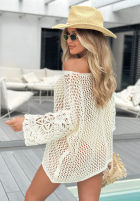Ażurowy Pullover oversize z koronkowymi rękawami boho Bonita Springs Weiß
