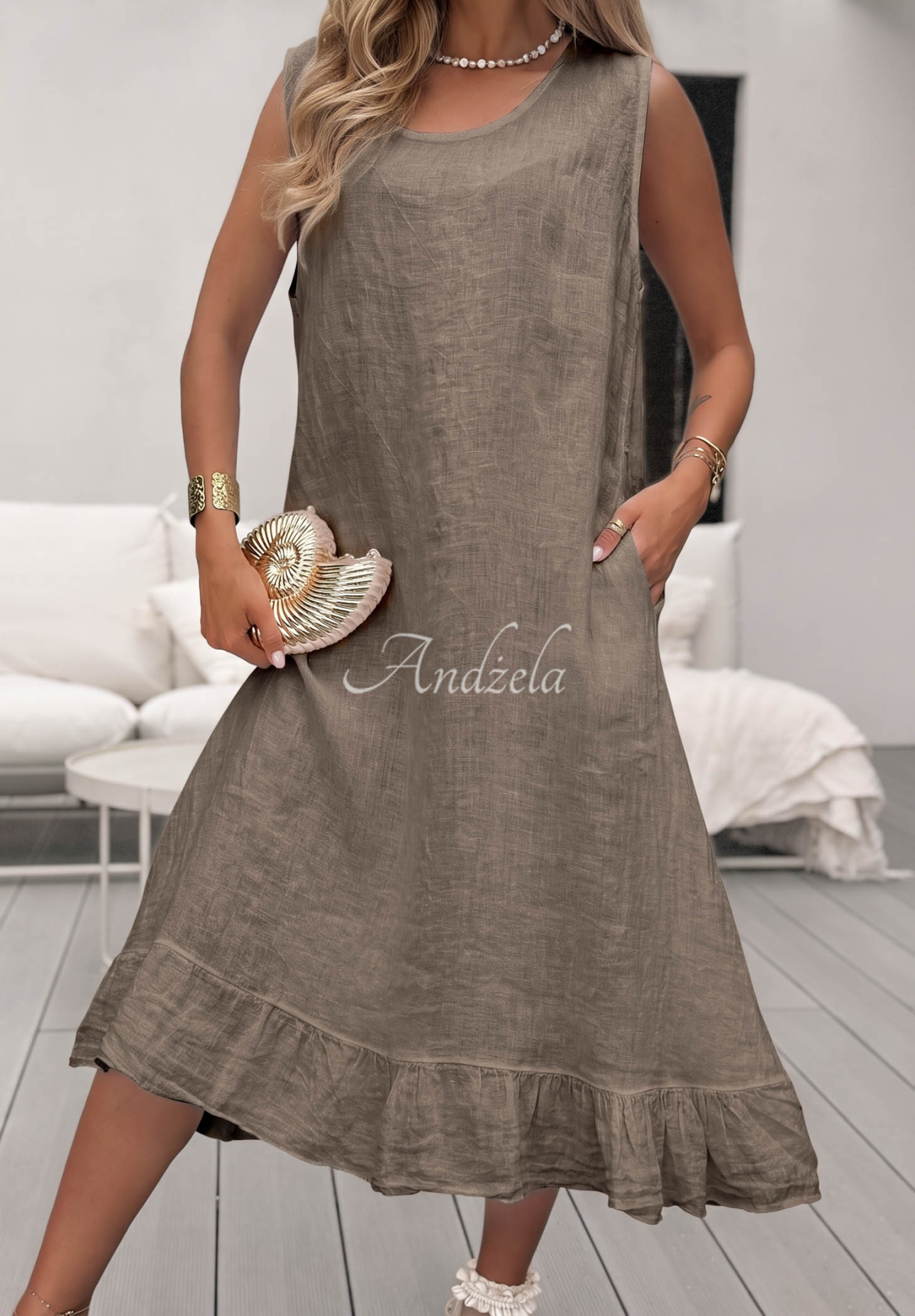 Leinenset aus Hemd und Kleid See You Soon Mokkafarben