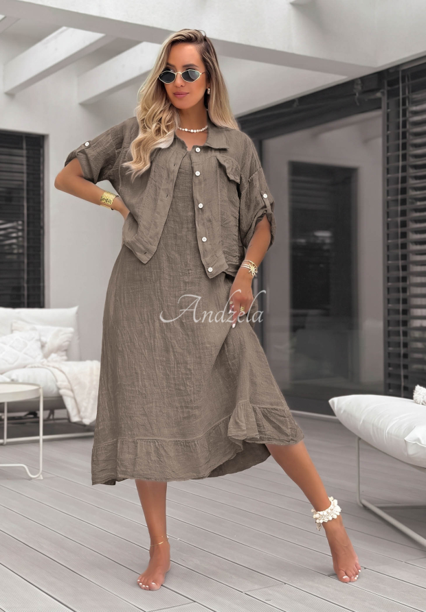 Leinenset aus Hemd und Kleid See You Soon Mokkafarben