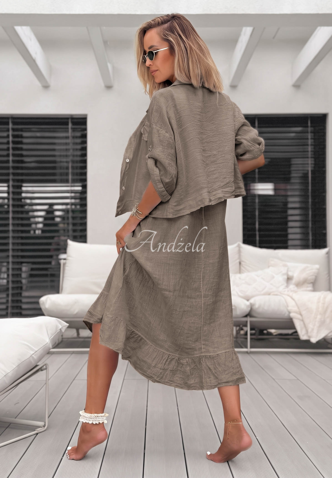 Leinenset aus Hemd und Kleid See You Soon Mokkafarben