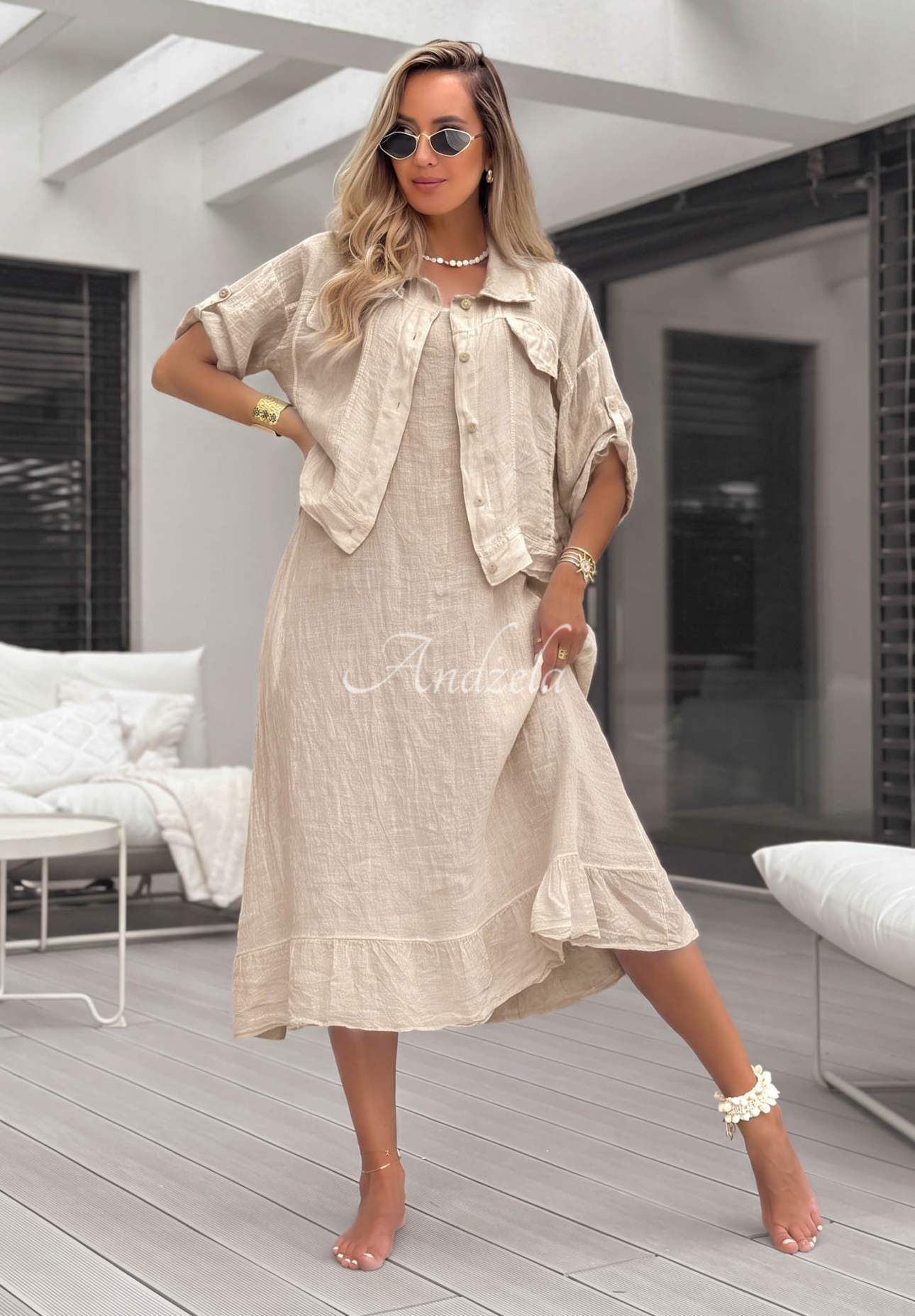 Leinenset aus Hemd und Kleid See You Soon Beige
