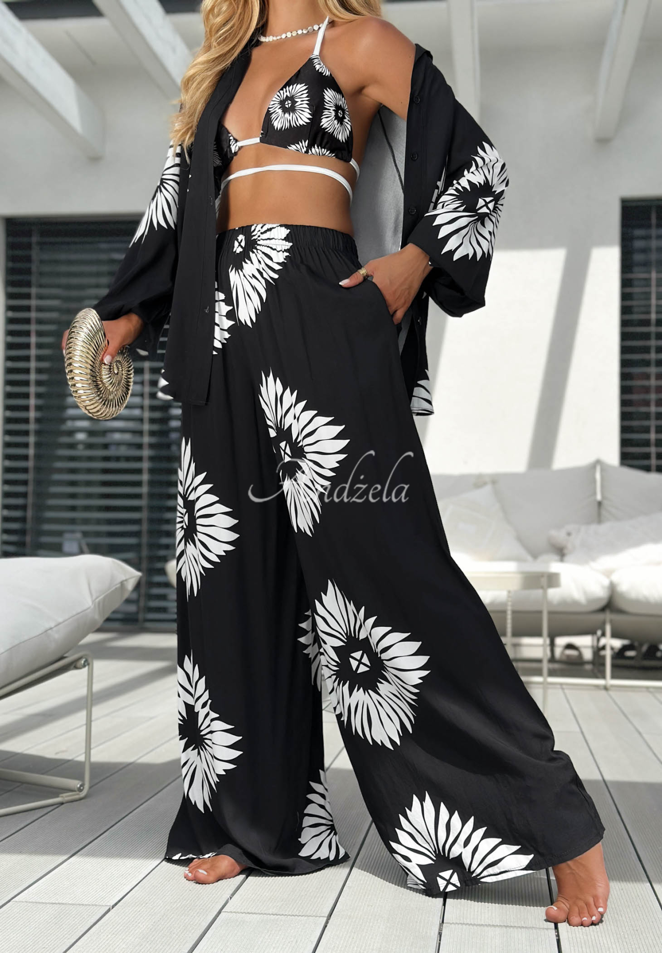 3-in-1-Set aus Viskose: Top, Hemd und Hose mit Mustern Fiesta Time Schwarz