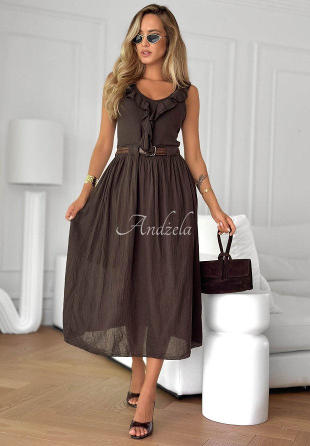 Midi-Kleid aus Baumwolle mit R&uuml;schen und G&uuml;rtel Good Winds Schokoladenbraun