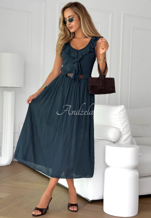 Midi-Kleid aus Baumwolle mit R&uuml;schen und G&uuml;rtel Good Winds Dunkelblau