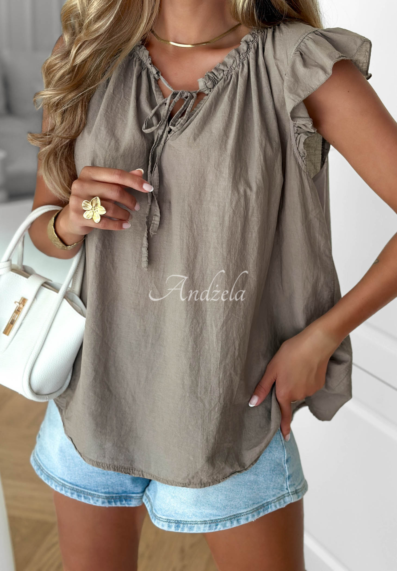 Baumwollbluse mit Rüschen und Bindeband Subtle Sun Mokkafarben