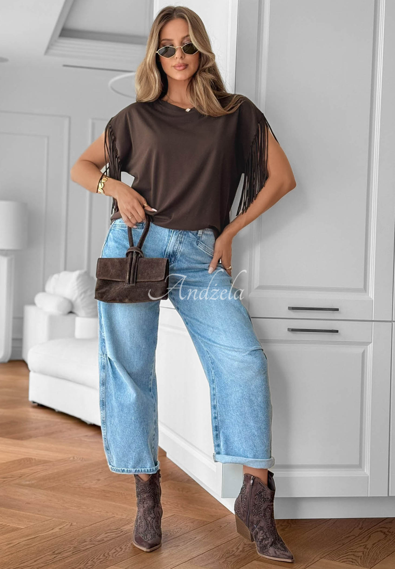 Baumwollbluse mit Fransen Tanvi Schokoladenbraun