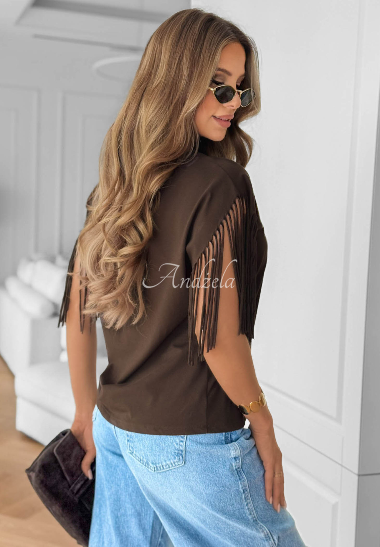 Baumwollbluse mit Fransen Tanvi Schokoladenbraun