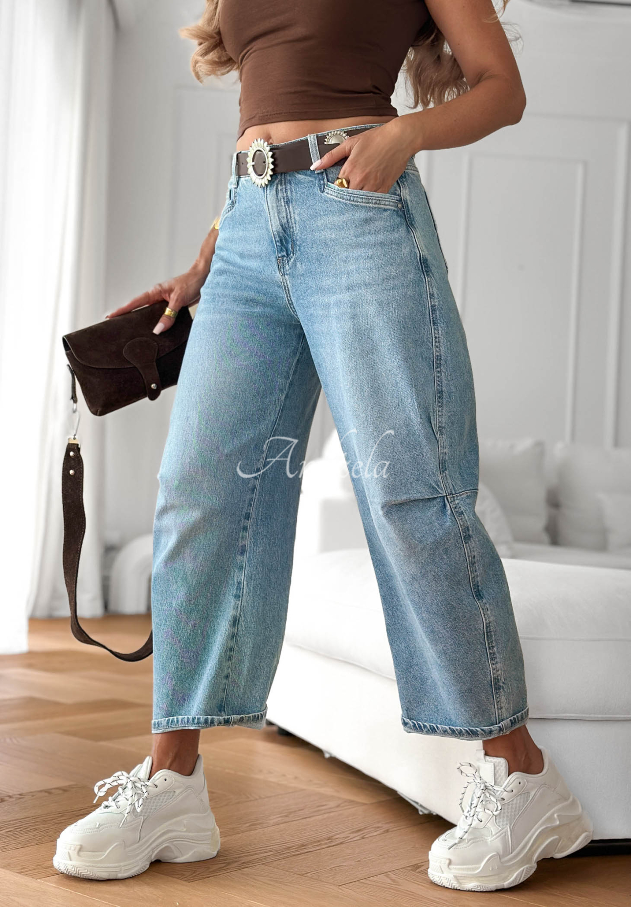 Balloon Jeans mit Gürtel Horizon Blue Hellblau