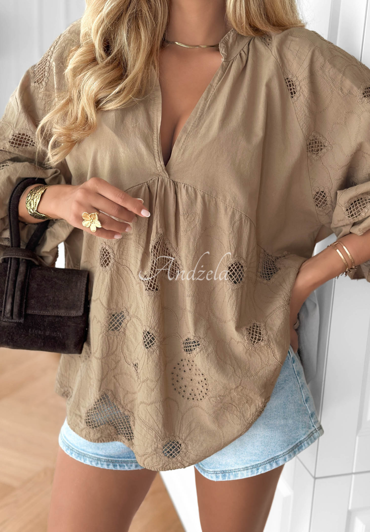 Bestickte Boho-Bluse aus Baumwolle Beach Wish Mokkafarben