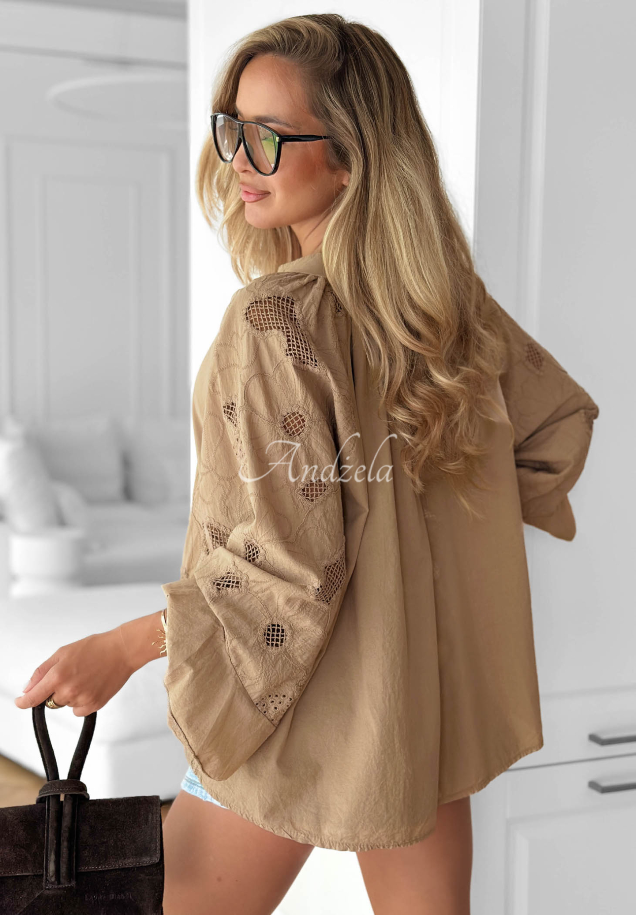 Bestickte Boho-Bluse aus Baumwolle Beach Wish Mokkafarben