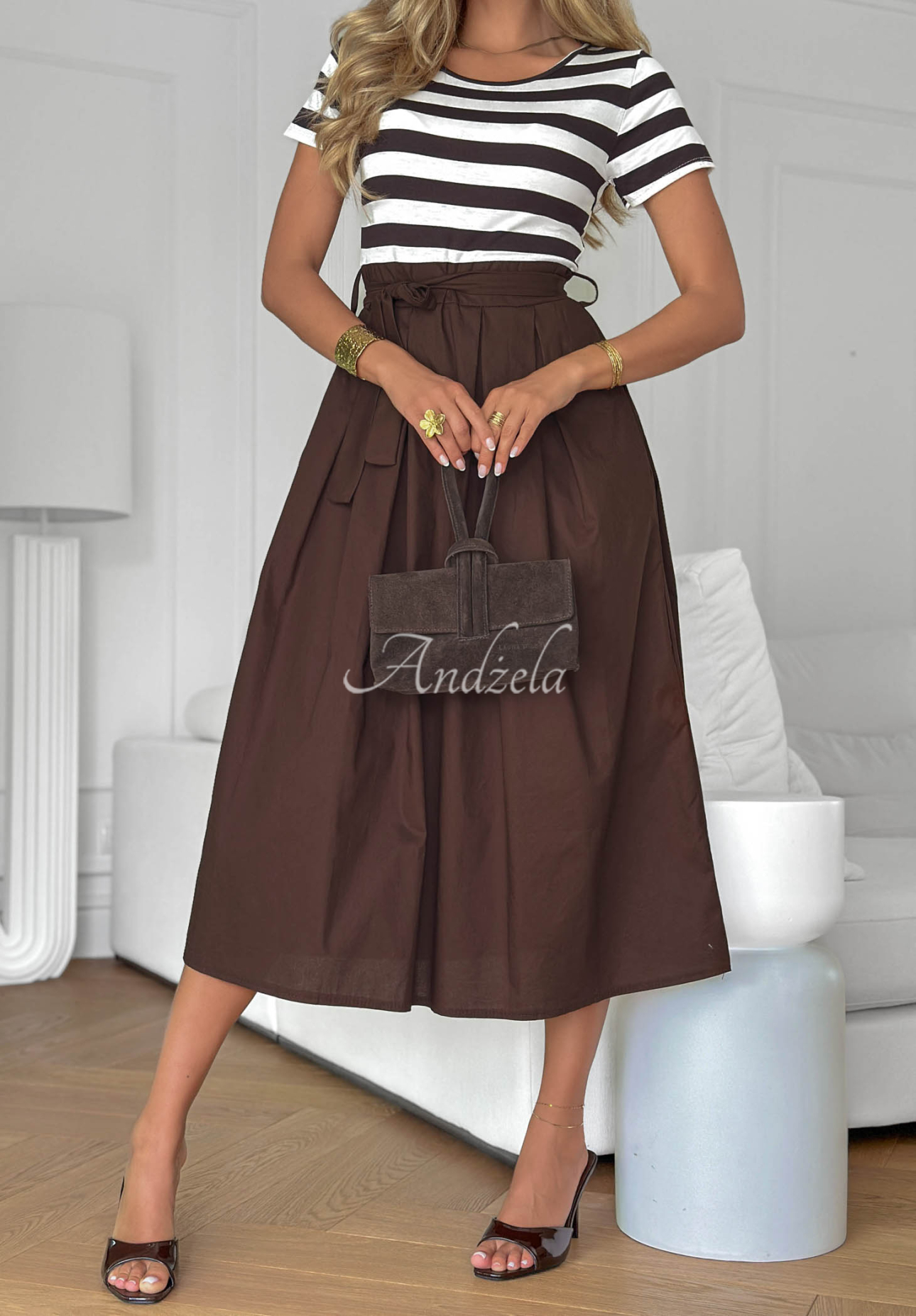 Viskose-Midi-Kleid mit Streifen Marine Coast weiss-Schokoladenbraun