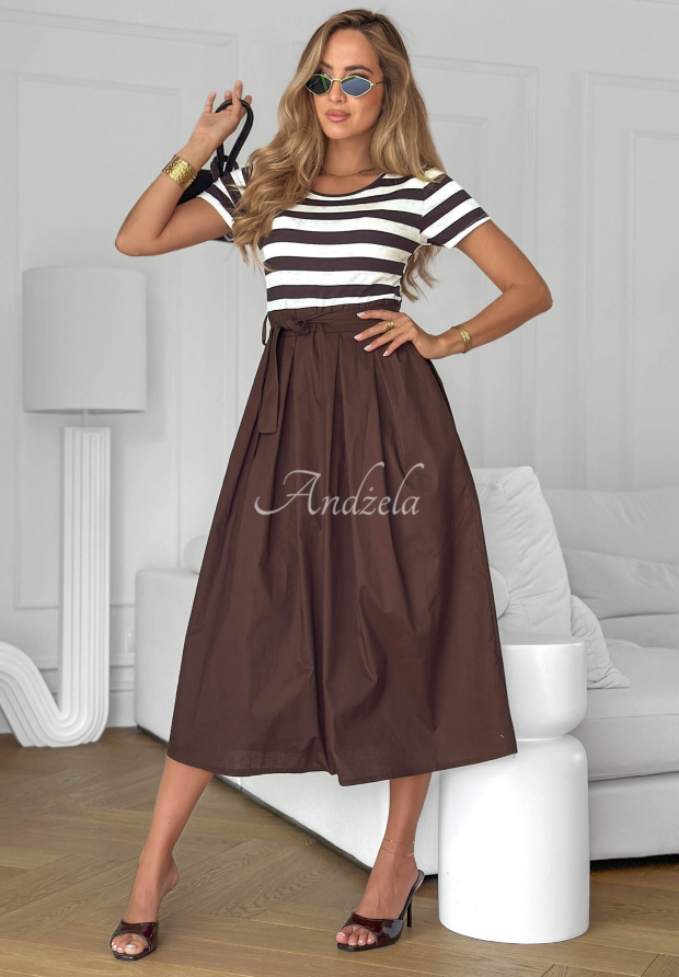 Viskose-Midi-Kleid mit Streifen Marine Coast weiss-Schokoladenbraun