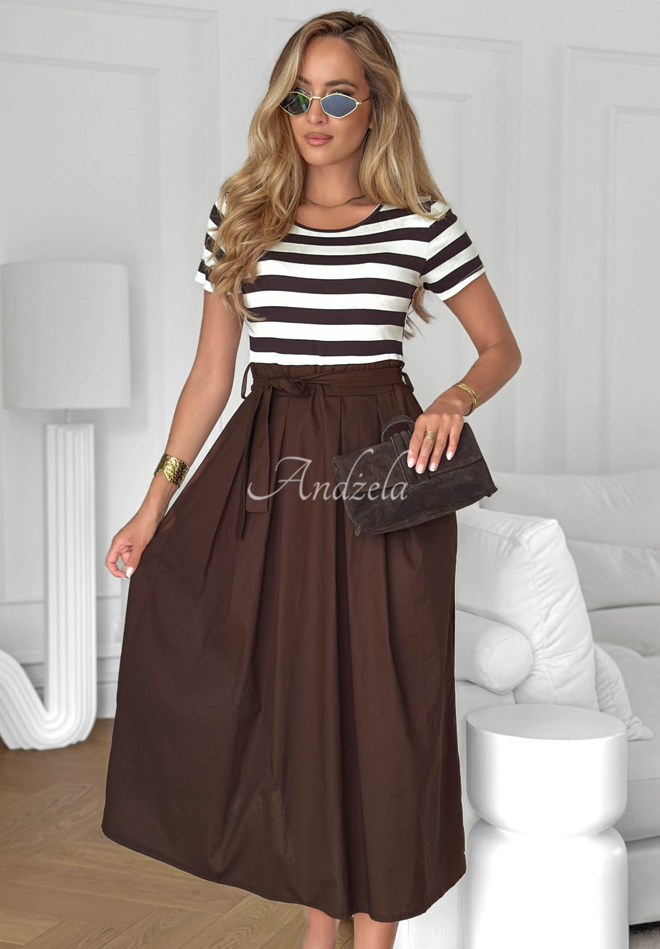 Viskose-Midi-Kleid mit Streifen Marine Coast weiss-Schokoladenbraun