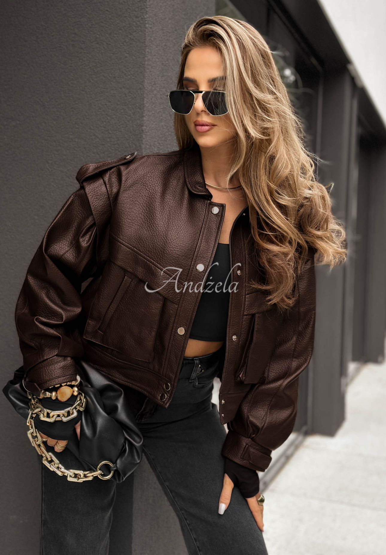 Kurze Lederjacke mit Kragen Jolie Schokoladenbraun