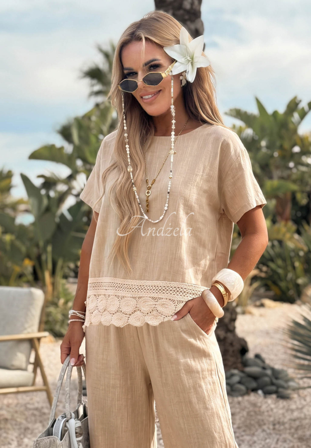 Baumwollbluse mit Spitze Soft Sand Beige