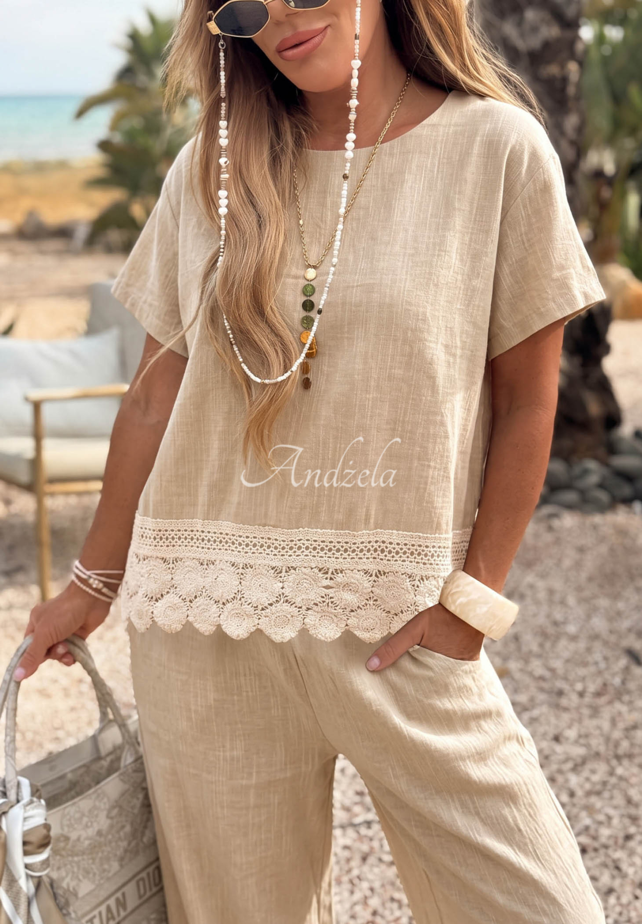 Baumwollbluse mit Spitze Soft Sand Beige