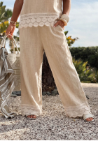 Hose wide leg z koronką Soft Sand Beige