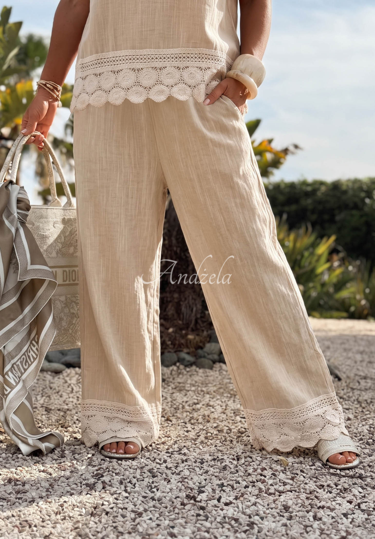 Weite Baumwollhose mit Spitze Soft Sand Beige