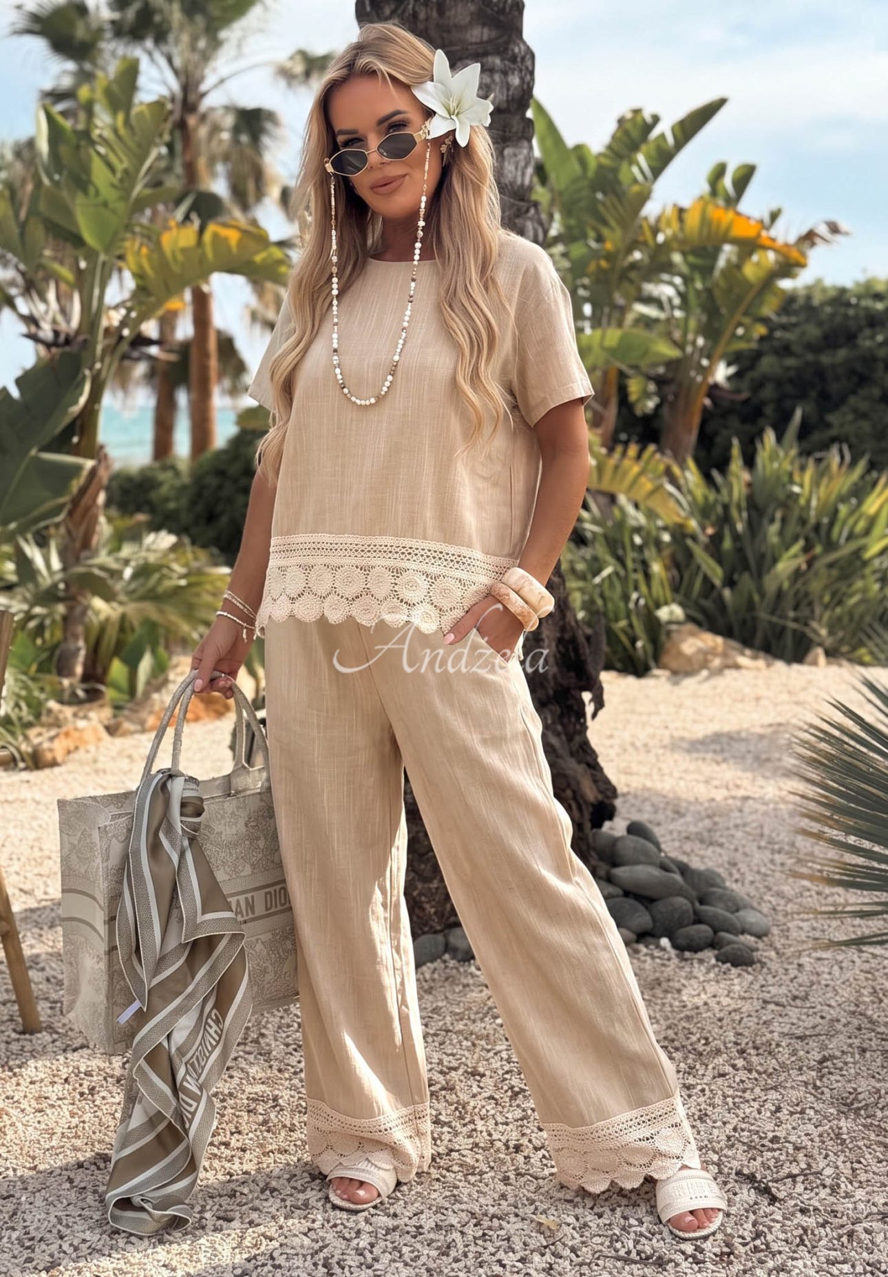 Weite Baumwollhose mit Spitze Soft Sand Beige