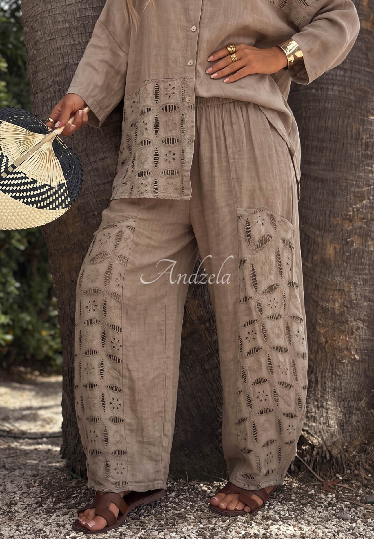 Leinen-Bananenhose mit durchbrochenen Elementen Coral Sunset Mokkafarben