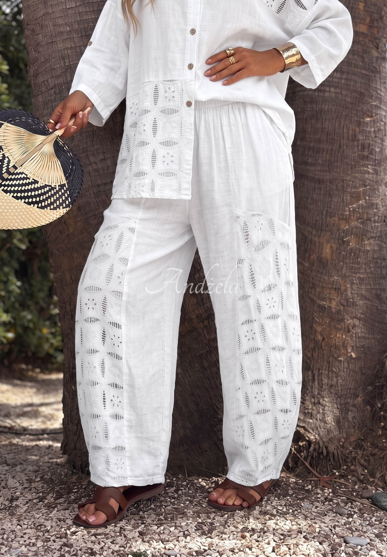Leinen-Bananenhose mit durchbrochenen Elementen Coral Sunset Weiß