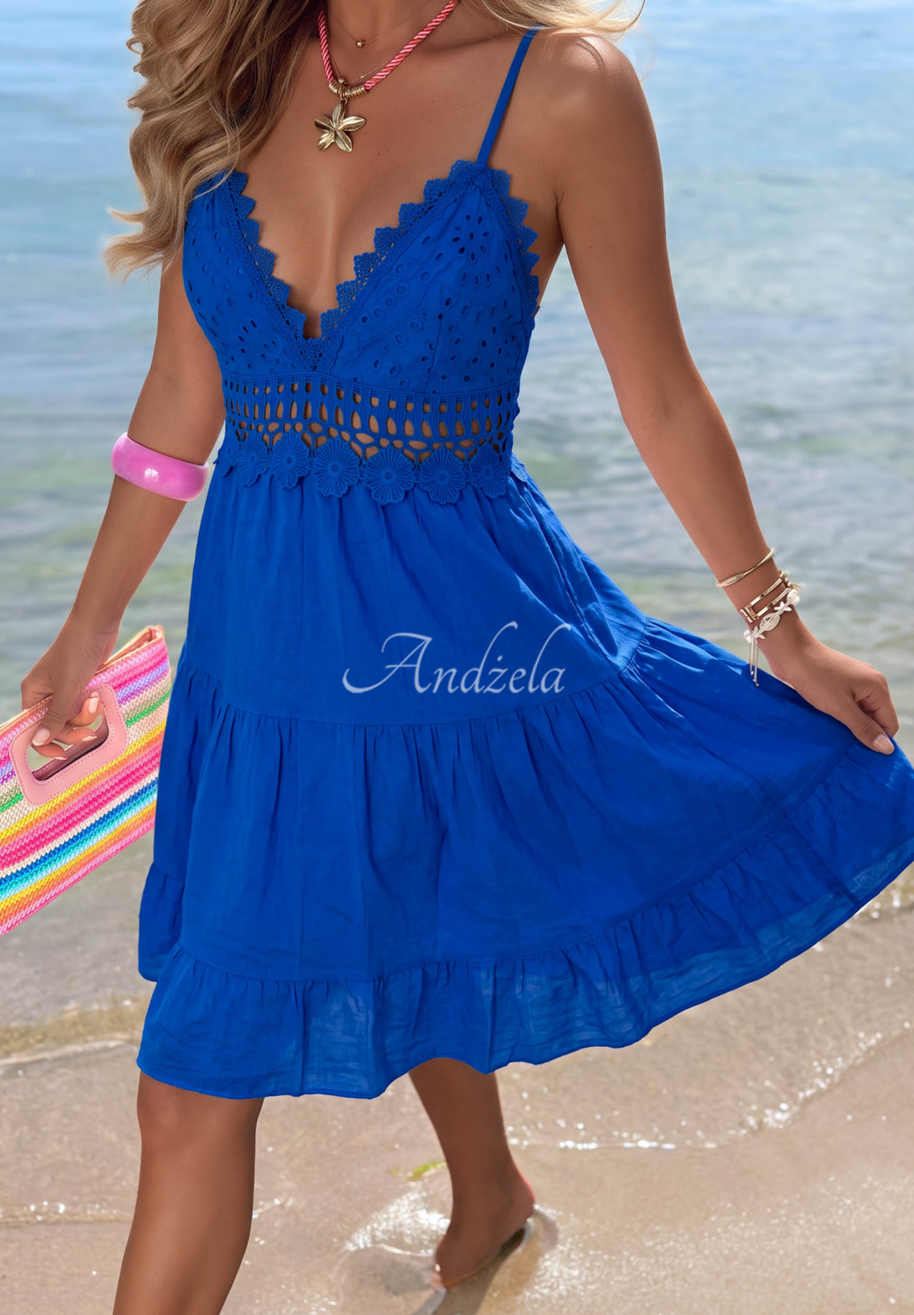 Baumwoll-Minikleid mit Trägern und Spitze Wind Bay Kobaltblau