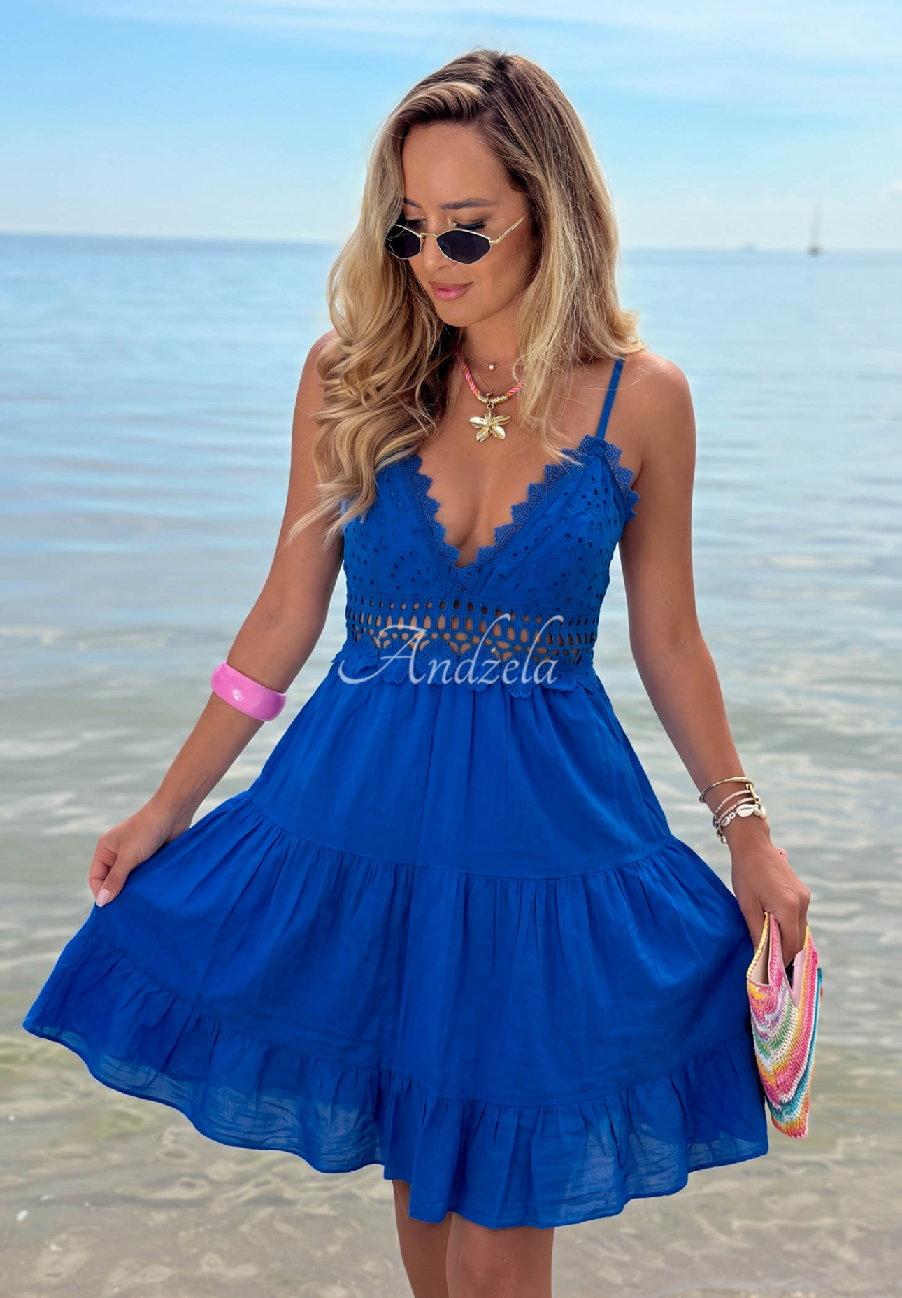 Baumwoll-Minikleid mit Trägern und Spitze Wind Bay Kobaltblau