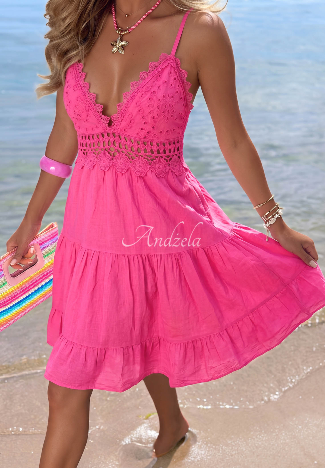 Baumwoll-Minikleid mit Trägern und Spitze Wind Bay Rosa