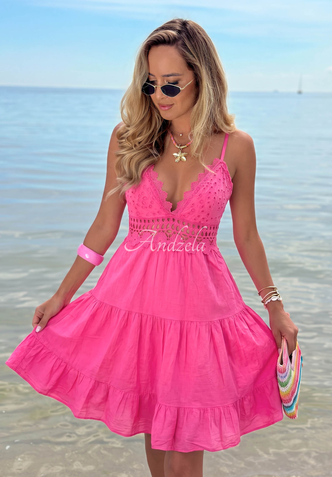 Baumwoll-Minikleid mit Trägern und Spitze Wind Bay Rosa