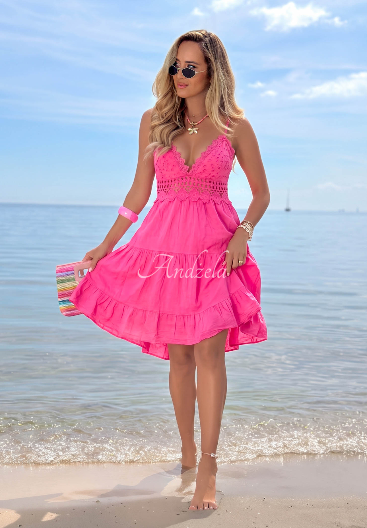Baumwoll-Minikleid mit Trägern und Spitze Wind Bay Rosa