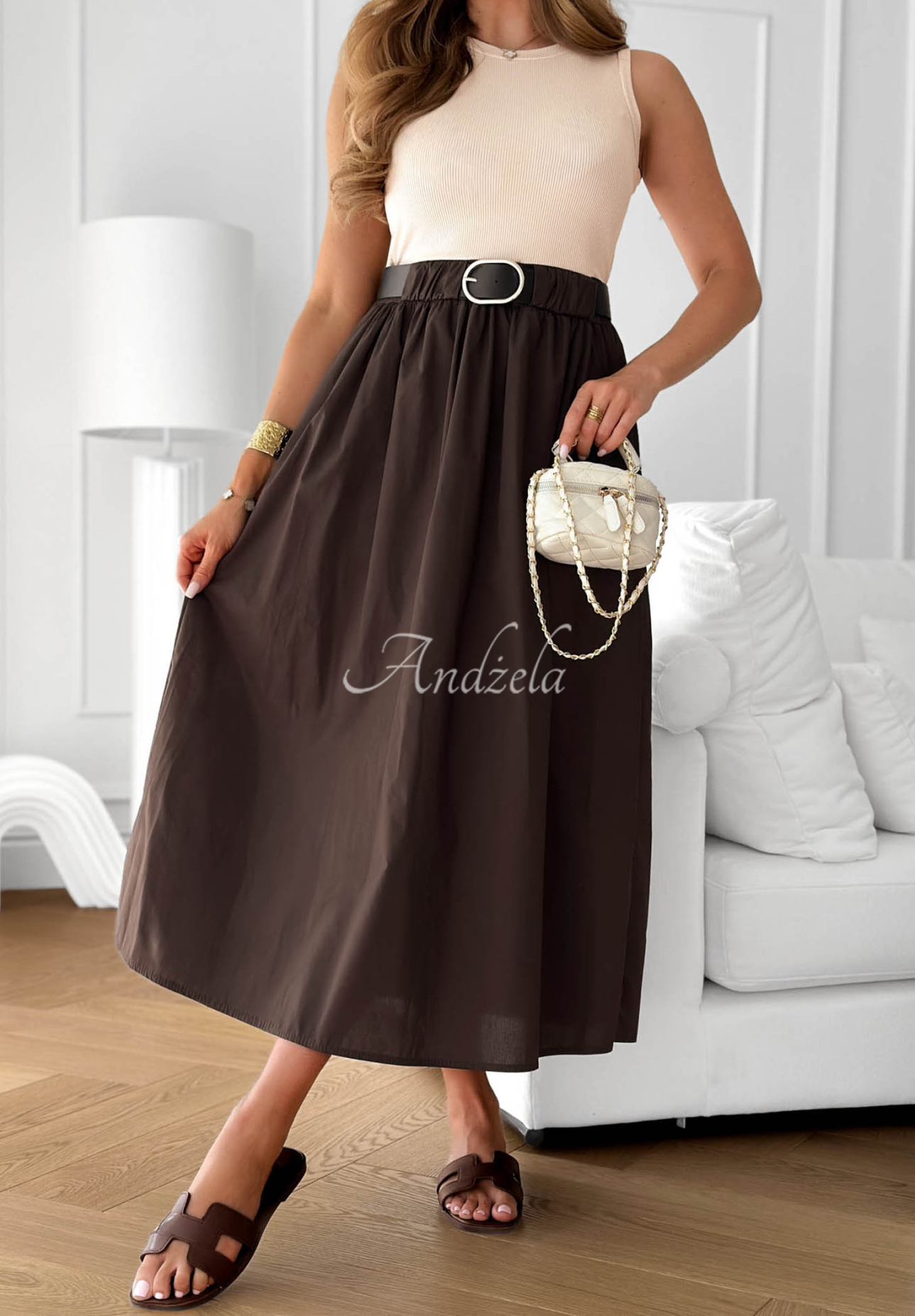 Trägerkleid mit Gürtel Sun Sailing Beige-Schokoladenbraun