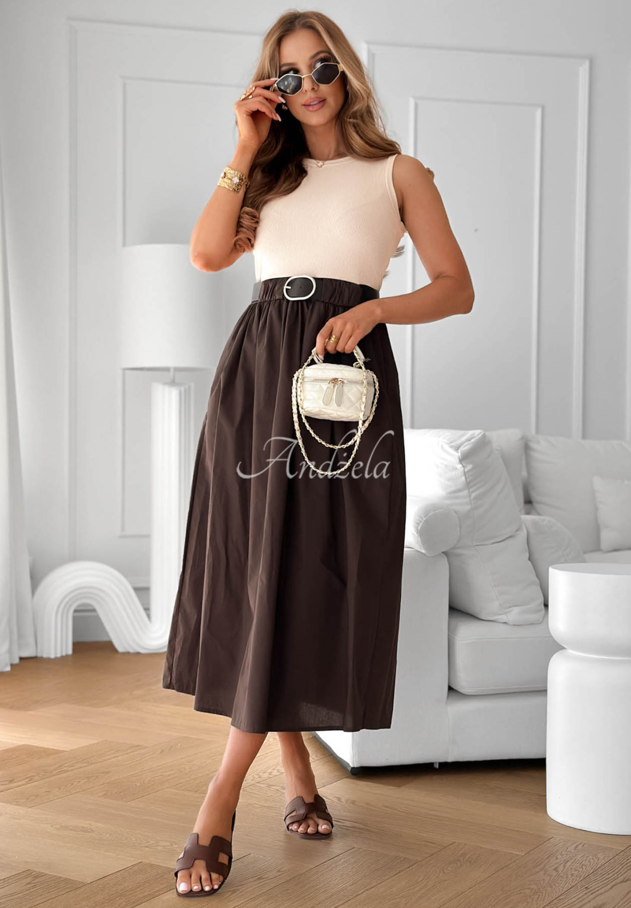 Trägerkleid mit Gürtel Sun Sailing Beige-Schokoladenbraun