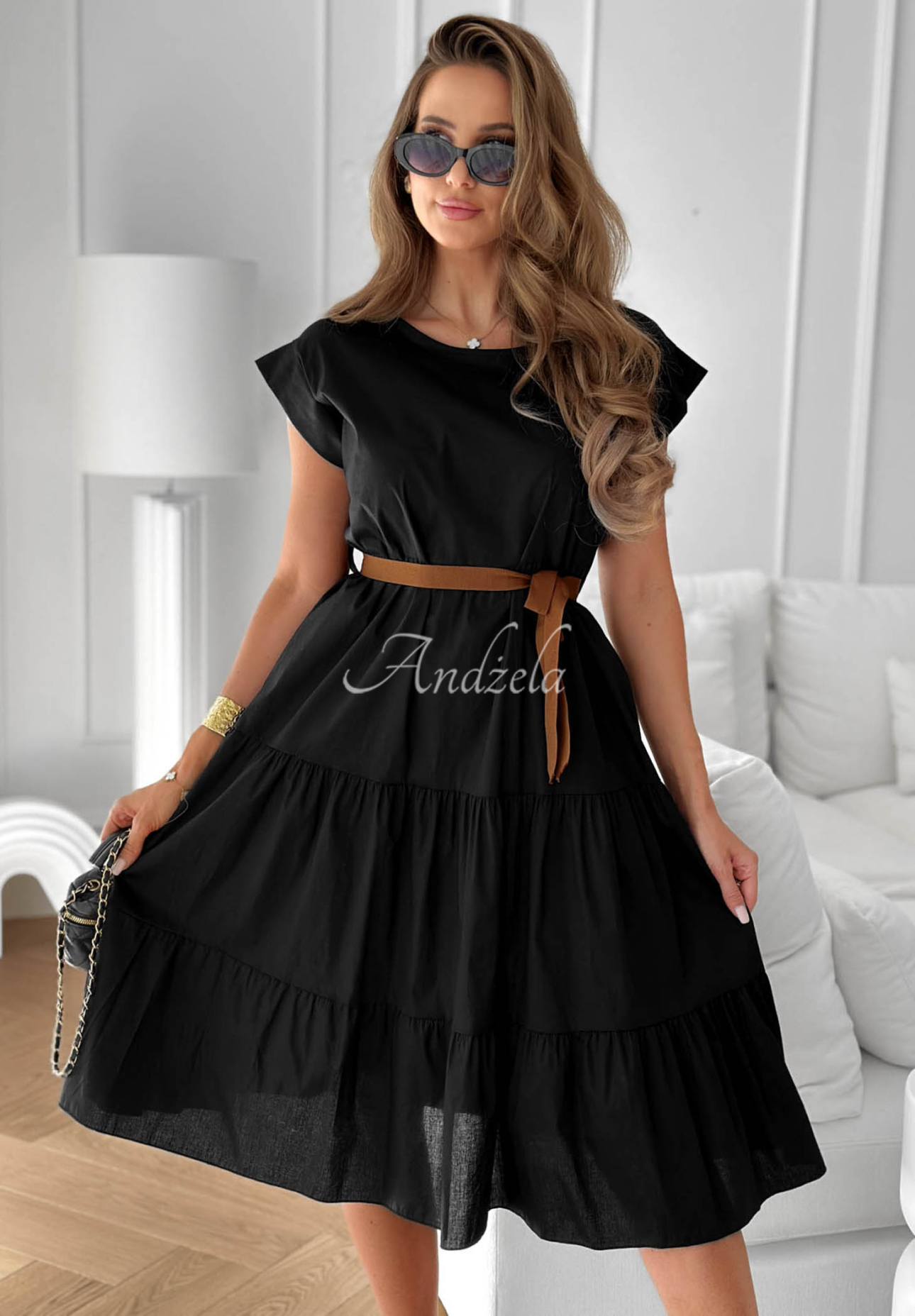Baumwollkleid mit Rüschen und Gürtel Marina Royale Schwarz