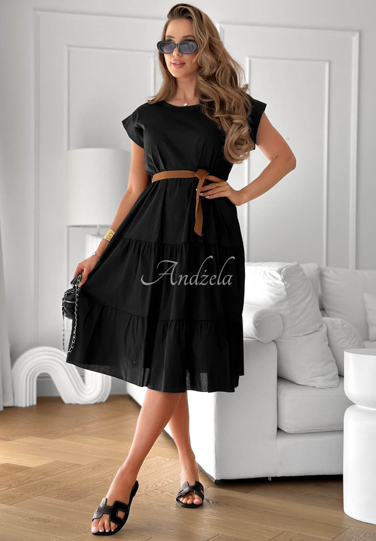 Baumwollkleid mit Rüschen und Gürtel Marina Royale Schwarz