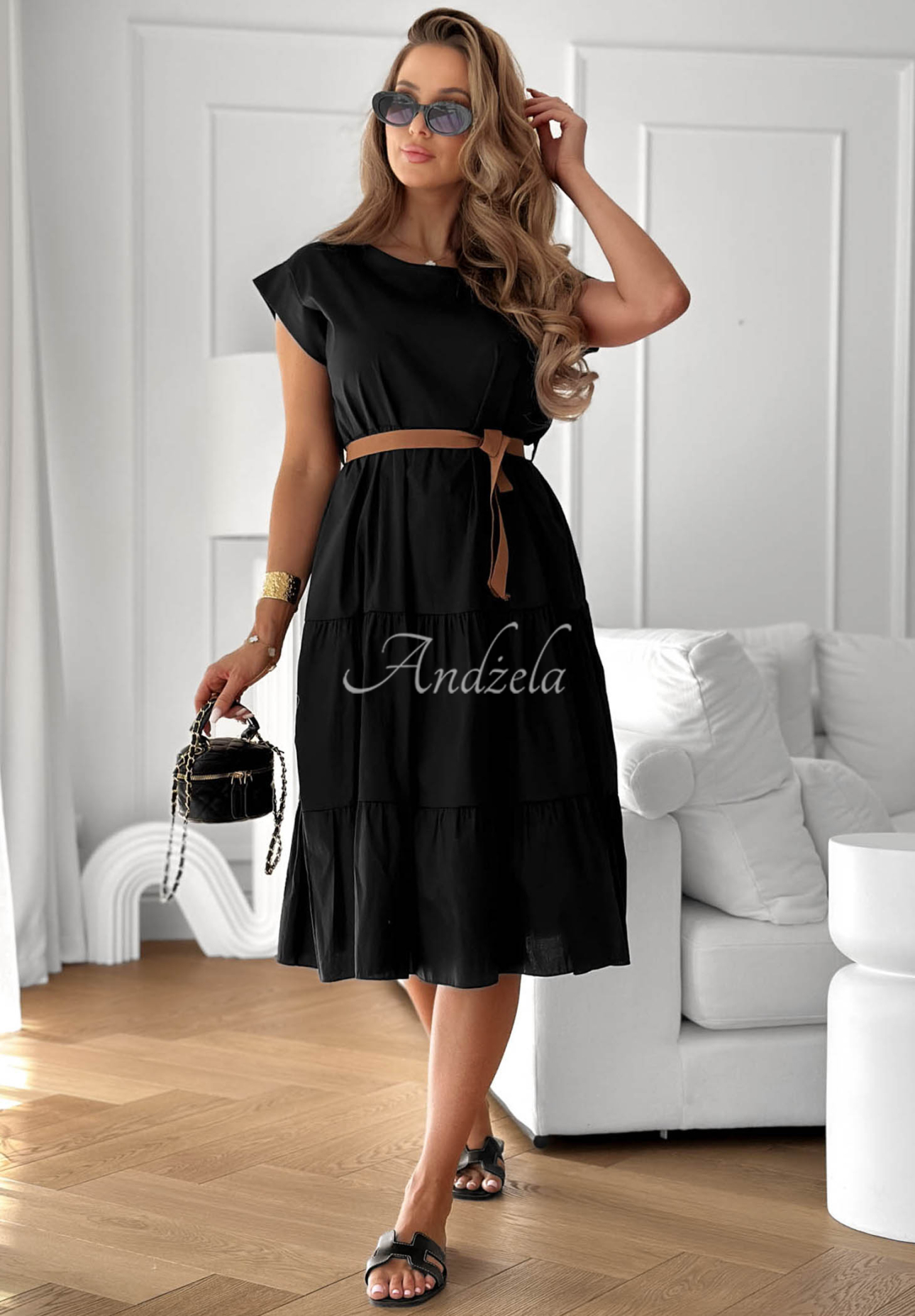 Baumwollkleid mit Rüschen und Gürtel Marina Royale Schwarz