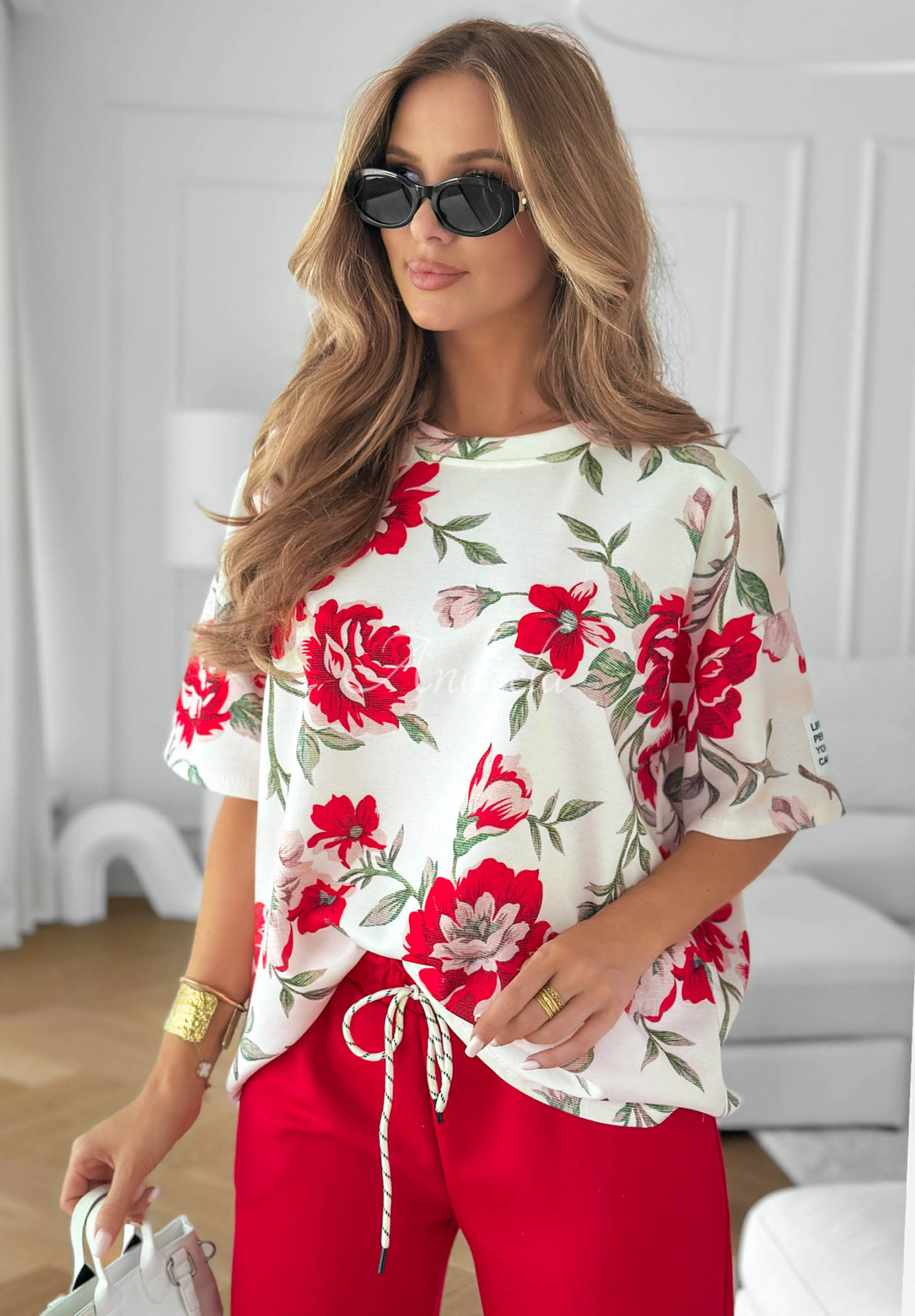 Bluse und Hose aus Viskose mit Blumenmuster Endless Day Rot
