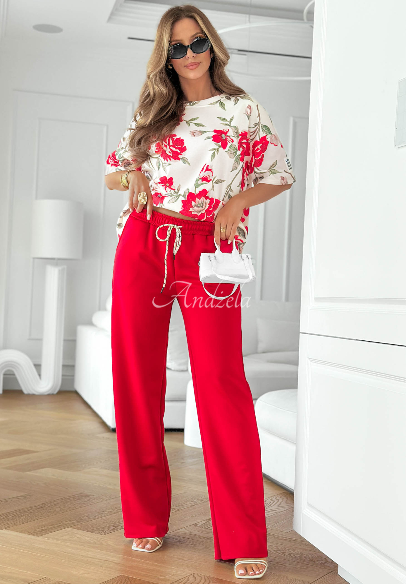 Bluse und Hose aus Viskose mit Blumenmuster Endless Day Rot