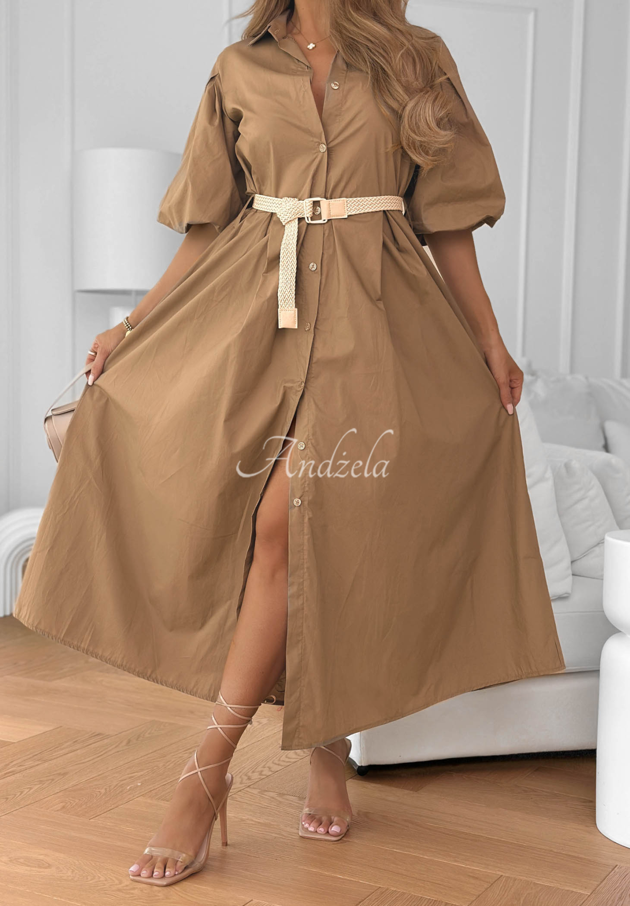 Hemdblusenkleid aus Baumwolle mit Puffärmeln und Gürtel Rome camel