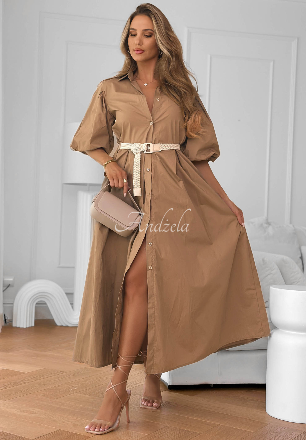 Hemdblusenkleid aus Baumwolle mit Puffärmeln und Gürtel Rome camel