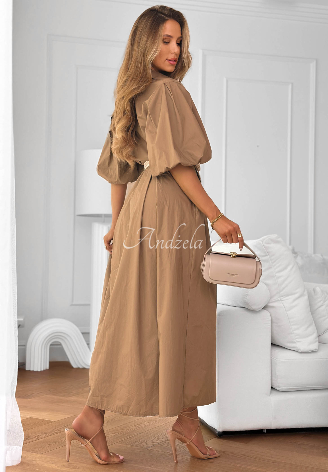 Hemdblusenkleid aus Baumwolle mit Puffärmeln und Gürtel Rome camel