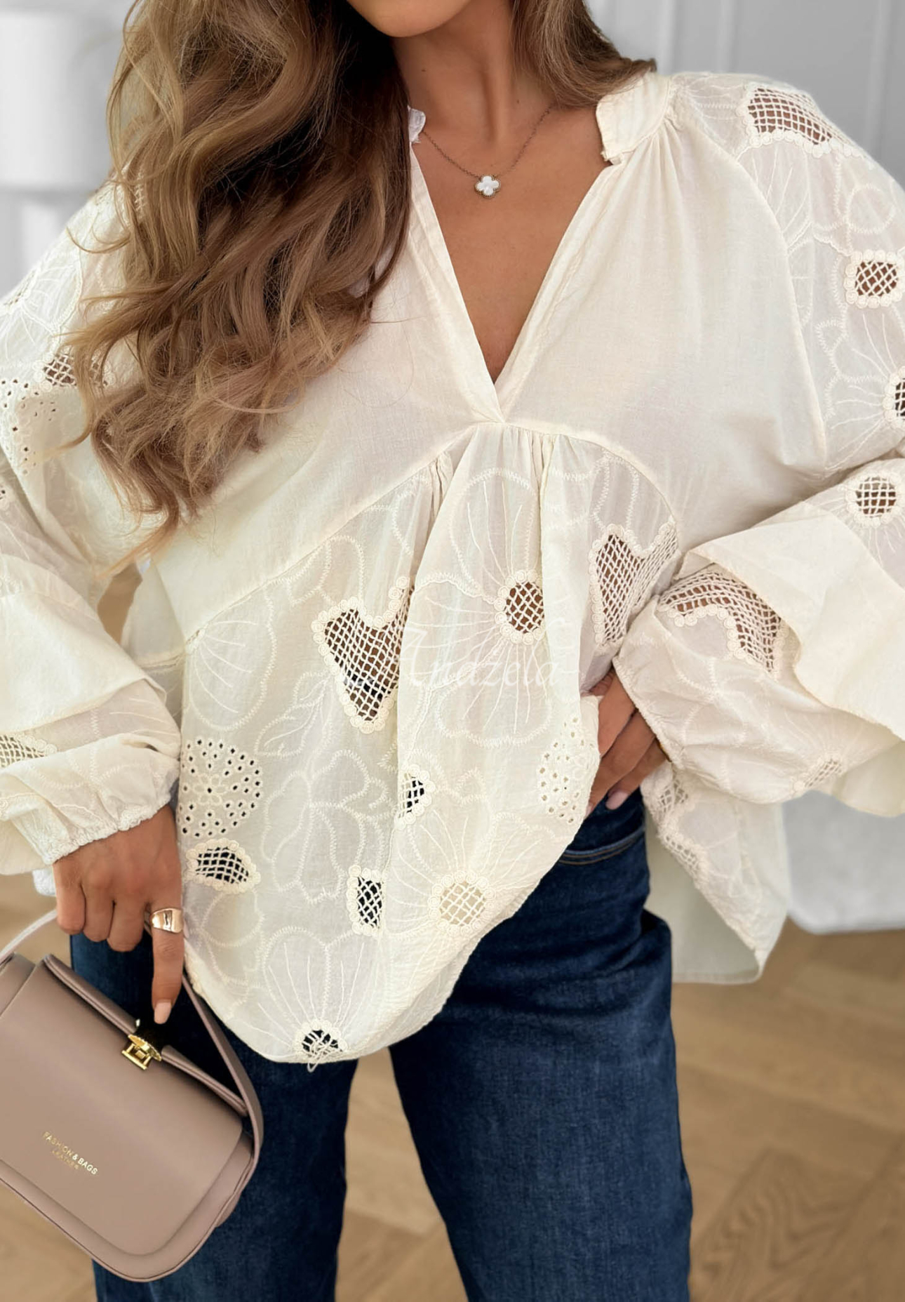 Bestickte Boho-Bluse aus Baumwolle Beach Wish Ecru