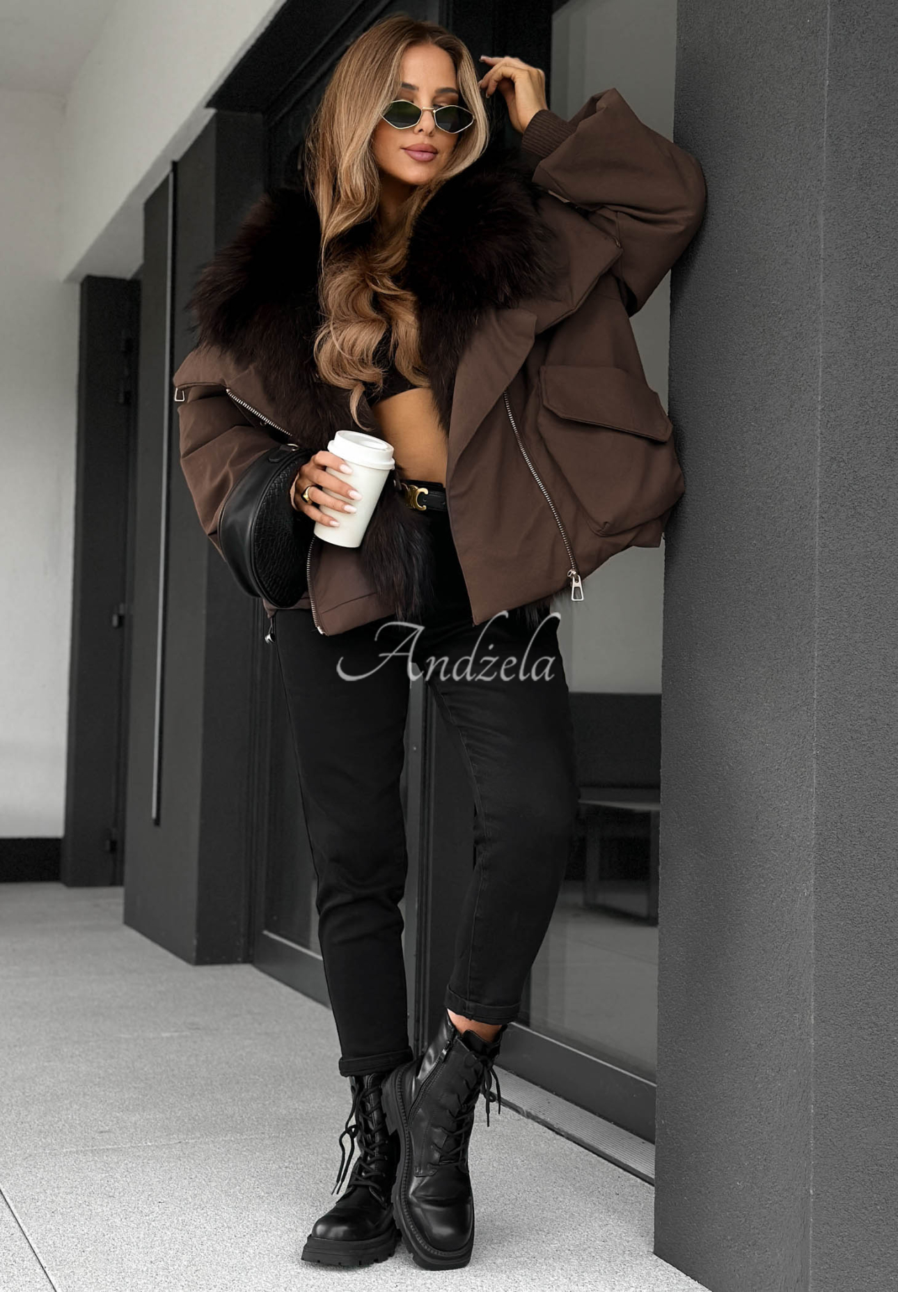 Daunenjacke mit Fell Nordic Mist Schokoladenbraun