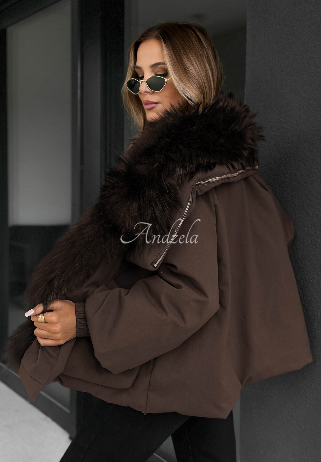 Daunenjacke mit Fell Nordic Mist Schokoladenbraun