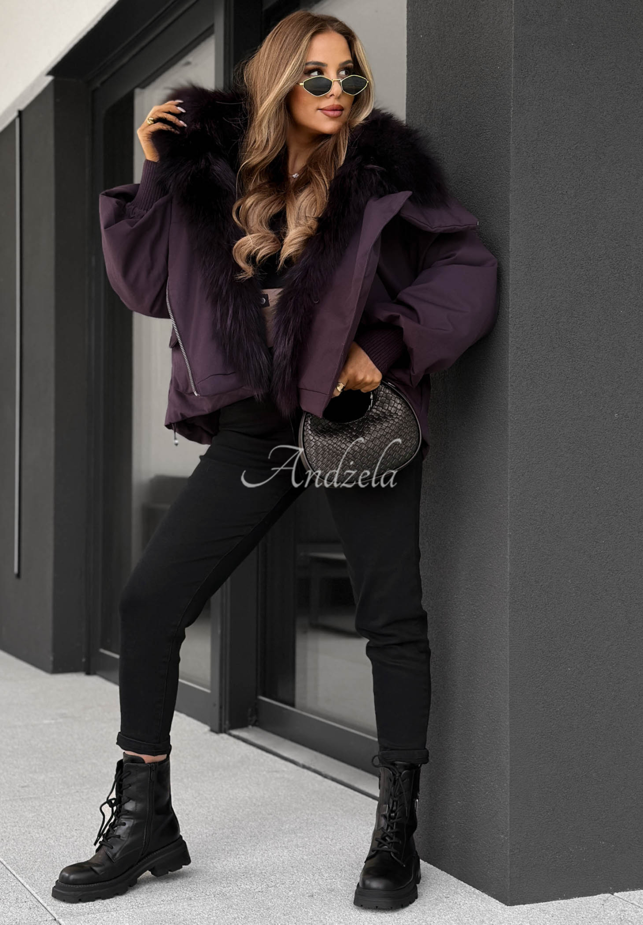 Daunenjacke mit Fell Nordic Mist Pflaumenfarben