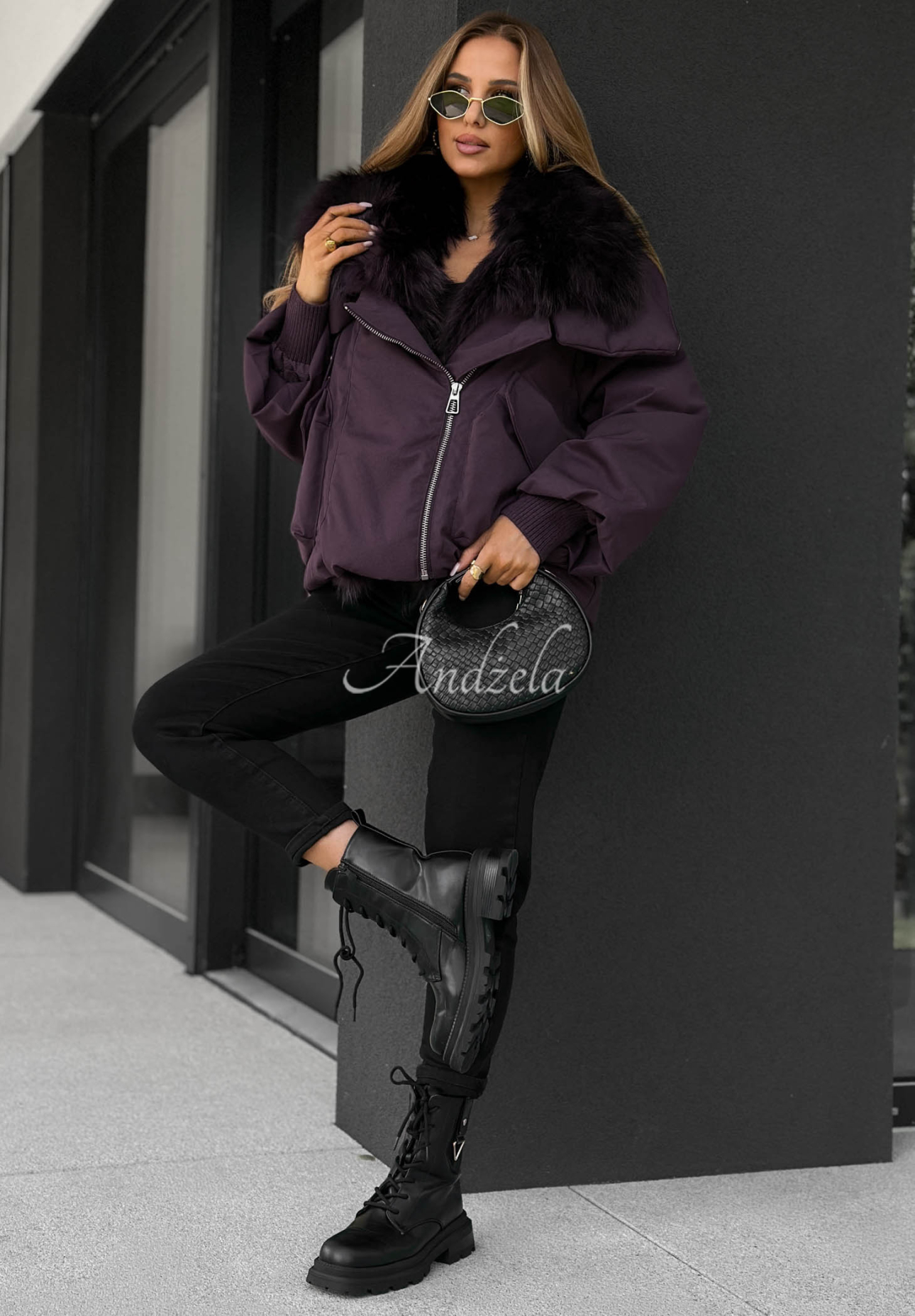 Daunenjacke mit Fell Nordic Mist Pflaumenfarben