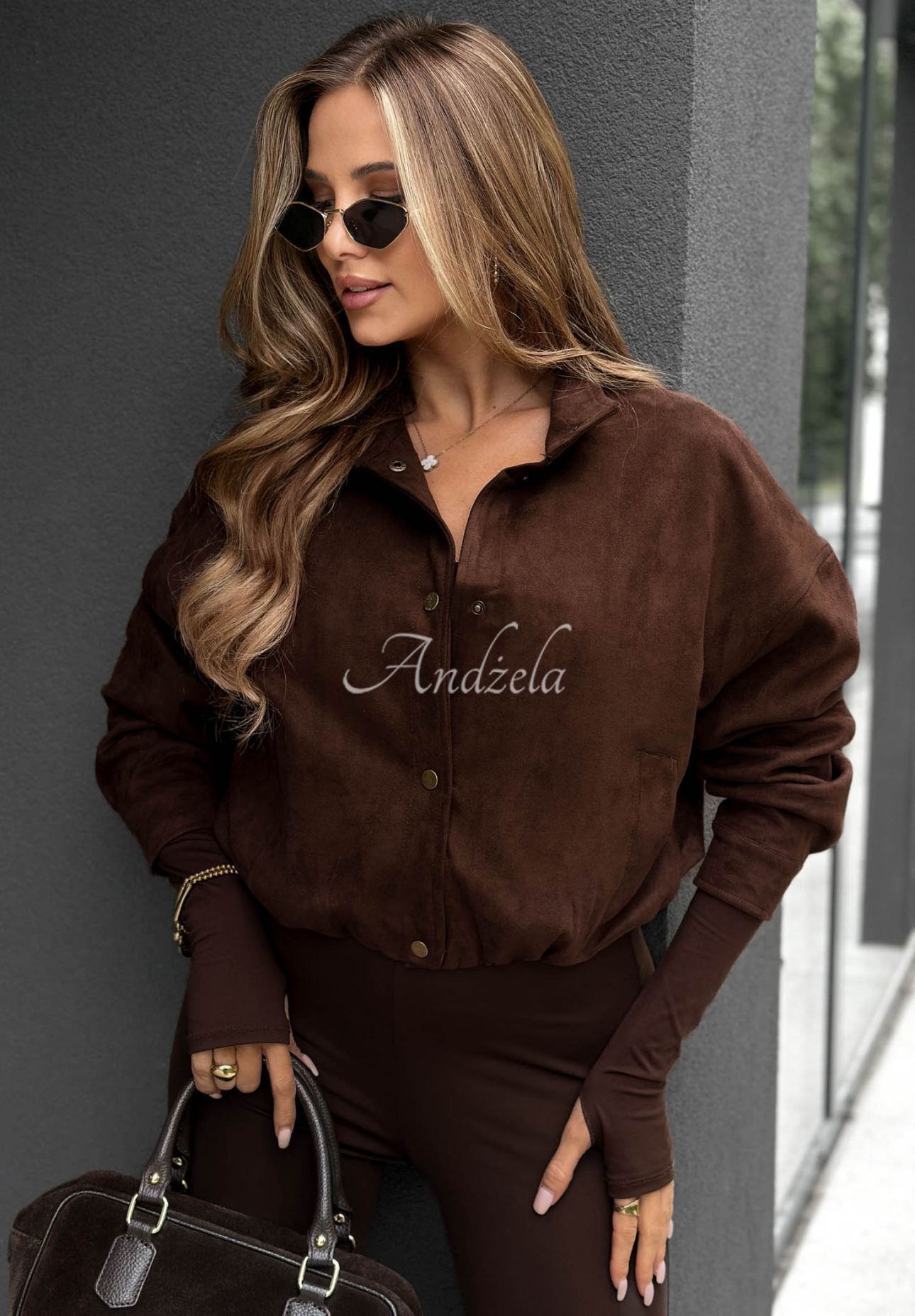 Kurze Bomberjacke aus Wildlederimitat Timeless Autumn Schokoladenbraun