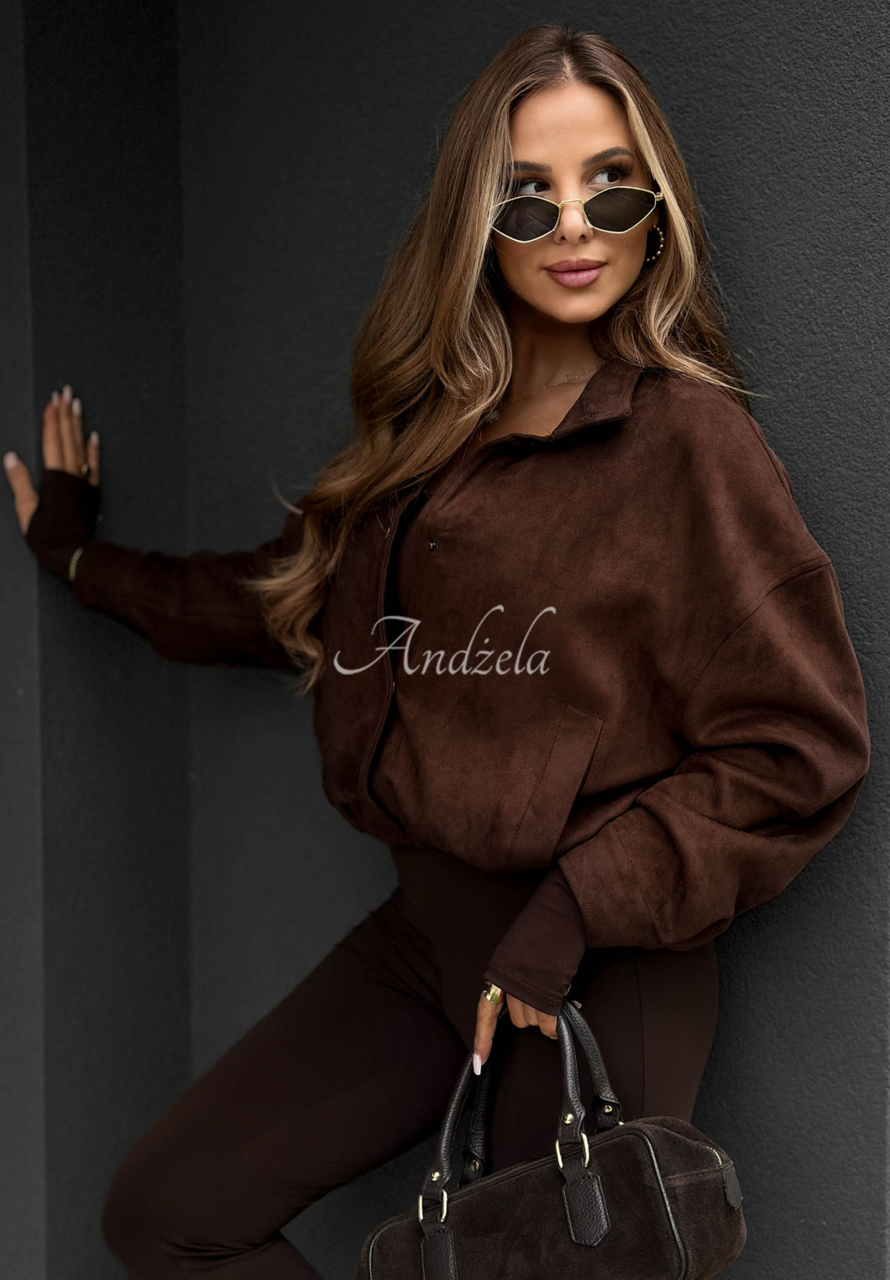 Kurze Bomberjacke aus Wildlederimitat Timeless Autumn Schokoladenbraun