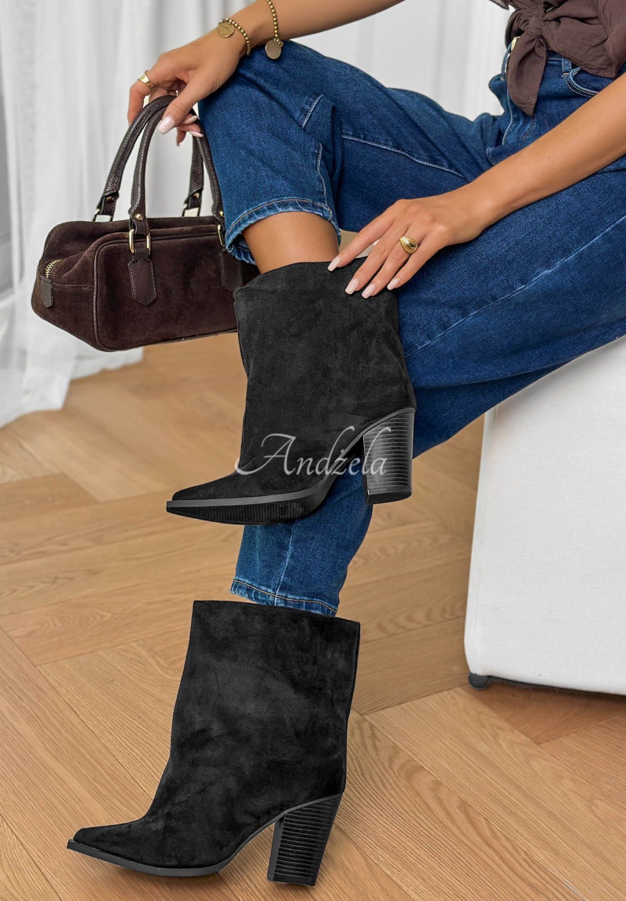Wildleder-Ankle-Boots mit Blockabsatz Fancy Style Schwarz